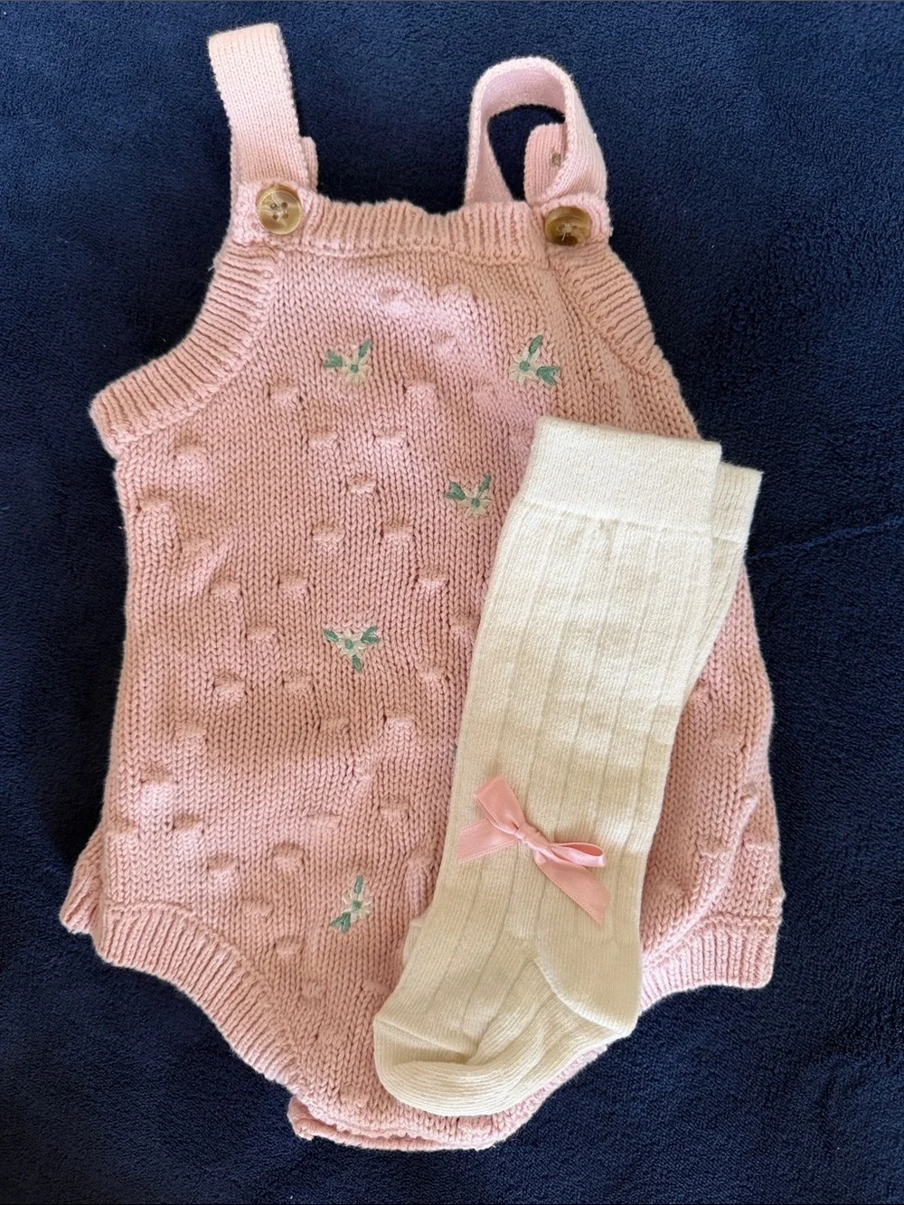 Hand-Knit Pink Baby Romper with Green Embroidery | 6-9 months